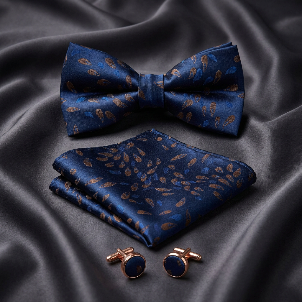 Navy & Copper Feather Bow Tie 3 Piece Set