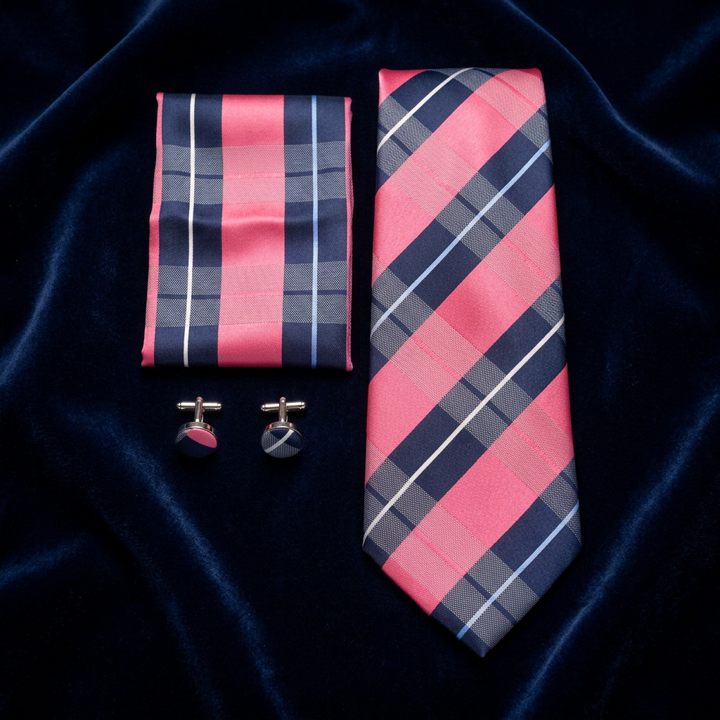 Coral & Navy Plaid Necktie Set