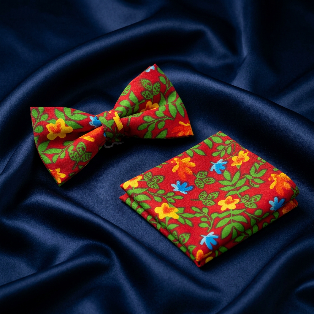 Red Floral Cotton Bow Tie & Pocket Square