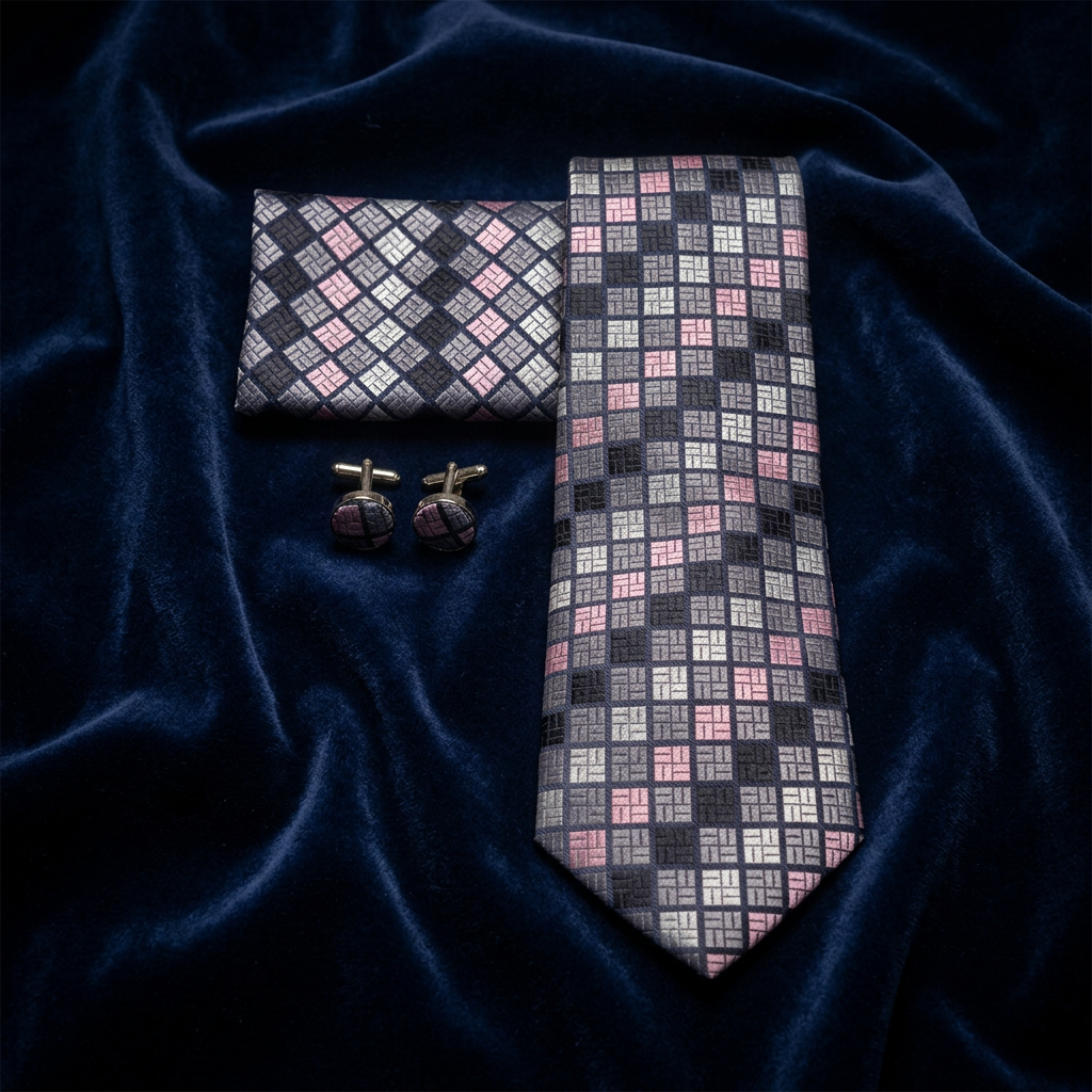 Pink, Gray & Black Mosaic Necktie Set