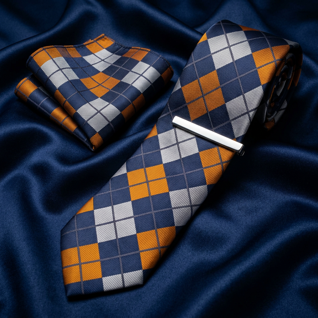 Navy & Orange Argyle Necktie Set