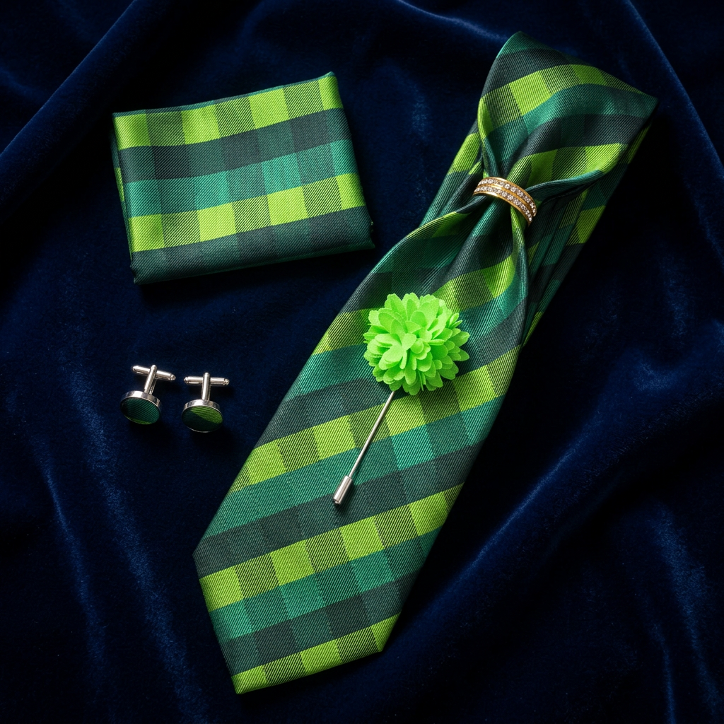 Green Plaid Necktie 4-Piece Set