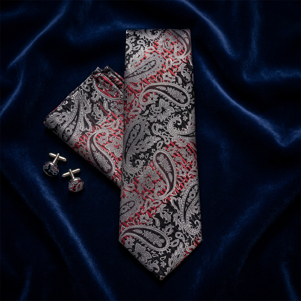 Gray & Black Paisley Necktie Set