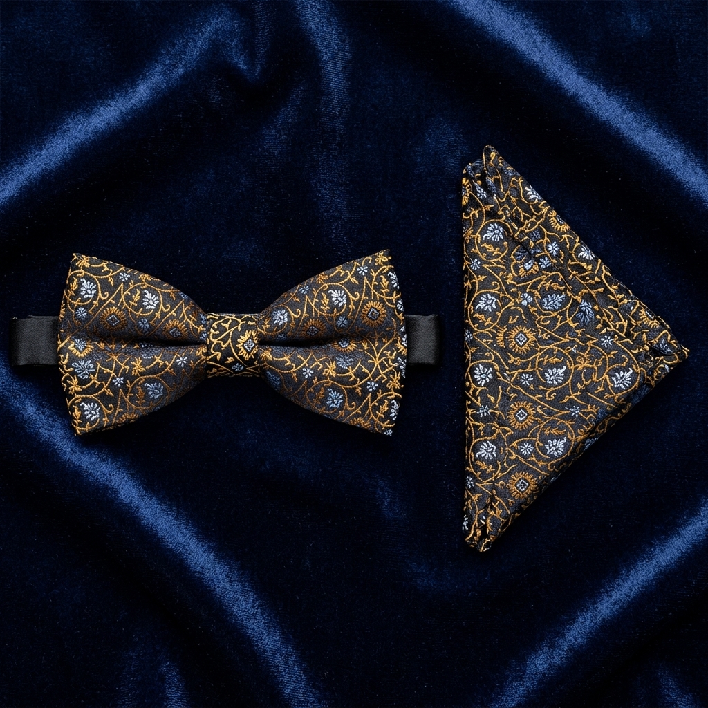 Black, Gold & Blue Floral Bow Tie Set