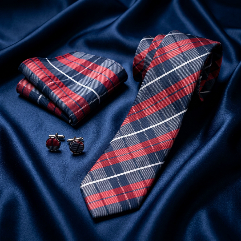 Red & Navy Plaid Necktie Set