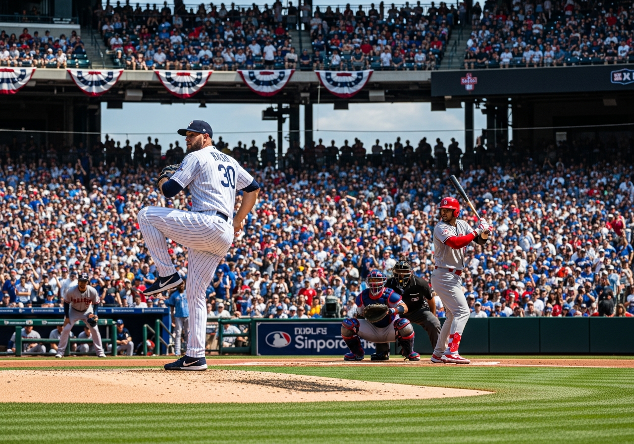 MLB baseball pitcher in wind-up with batter at plate in packed ballpark