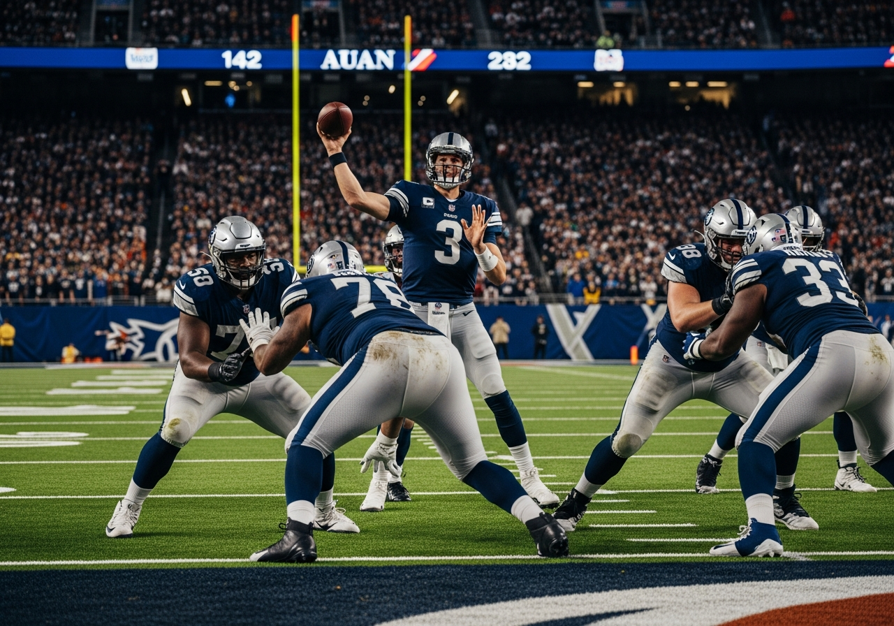 NFL quarterback throwing pass during night game with offensive line blocking