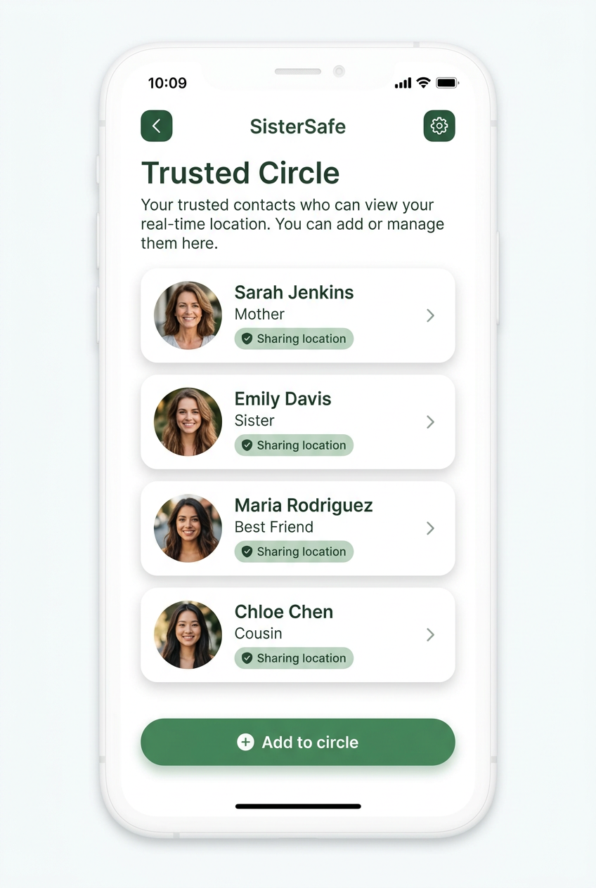 SisterSafe trusted circle screen