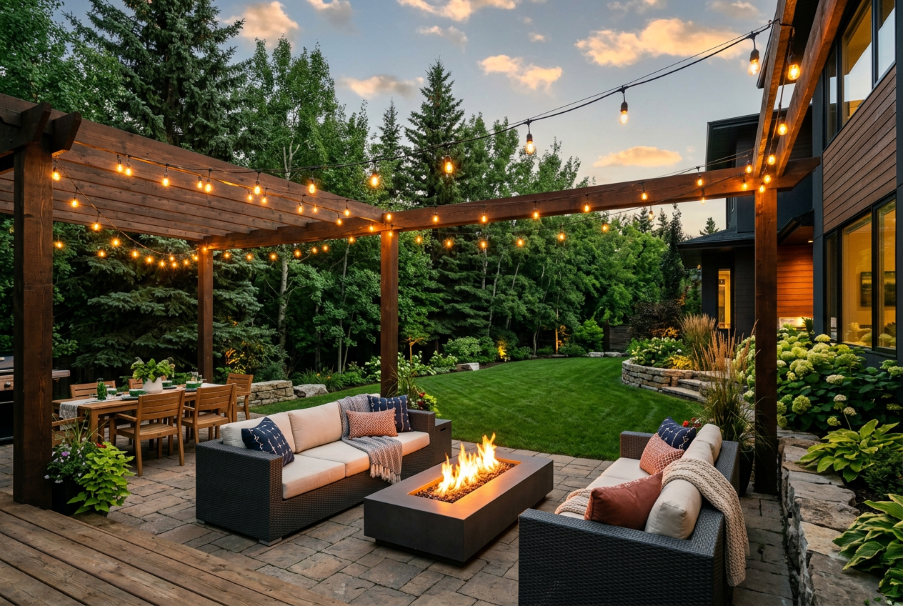 NorthCrest Outdoor Living lifestyle — evening backyard