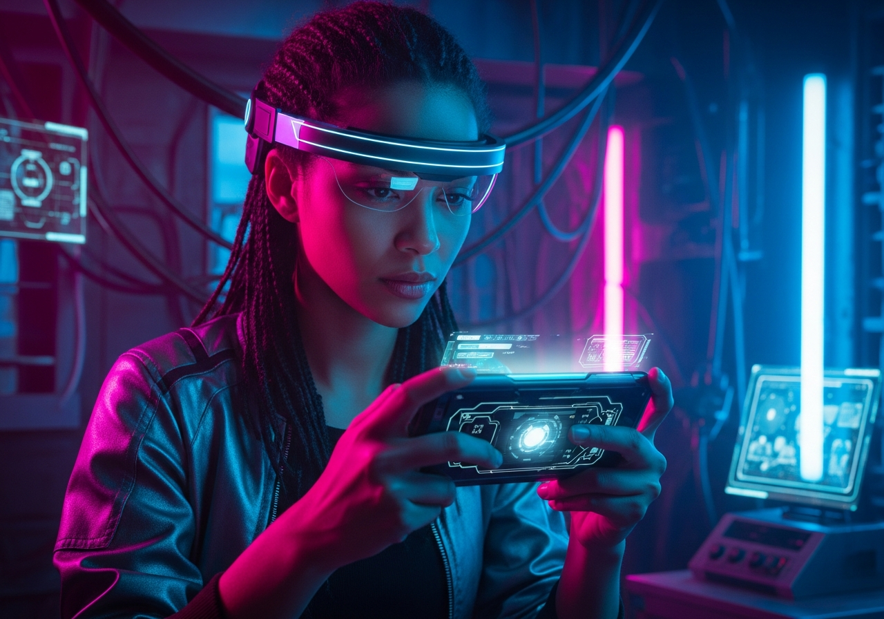 Gamer feminina em ambiente neon cyberpunk