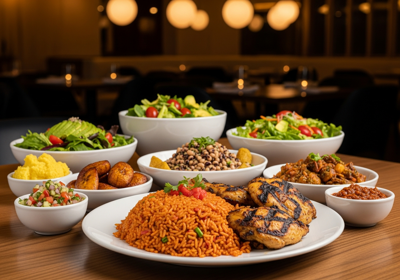 African-inspired lunch spread with jollof rice and grilled chicken