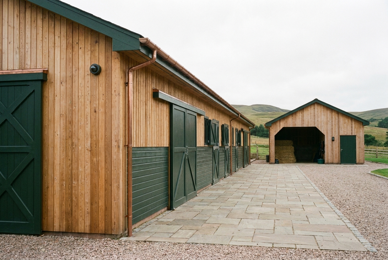 Modern stable block with CCTV at Flintwood Equestrian