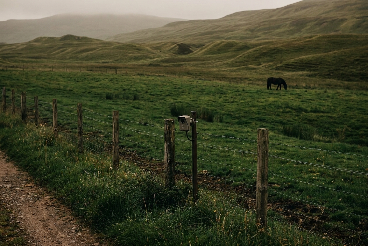 Calm field with cameras at Flintwood Equestrian in South Lanarkshire