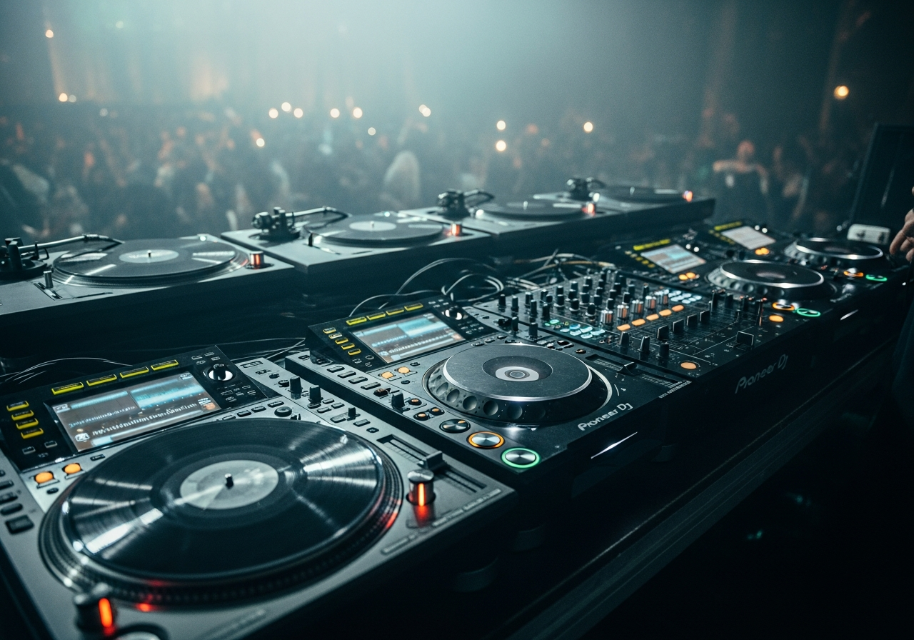 DJ performing at a Melbourne event with dramatic lighting