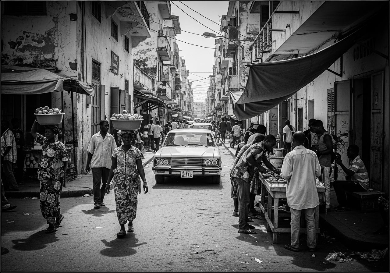 Black and white documentary photograph of civic life in Dakar