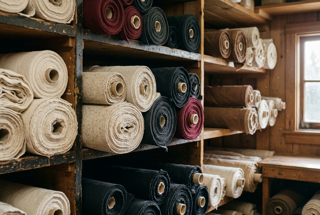 Rolls of heavyweight cotton in the NYYNE storeroom