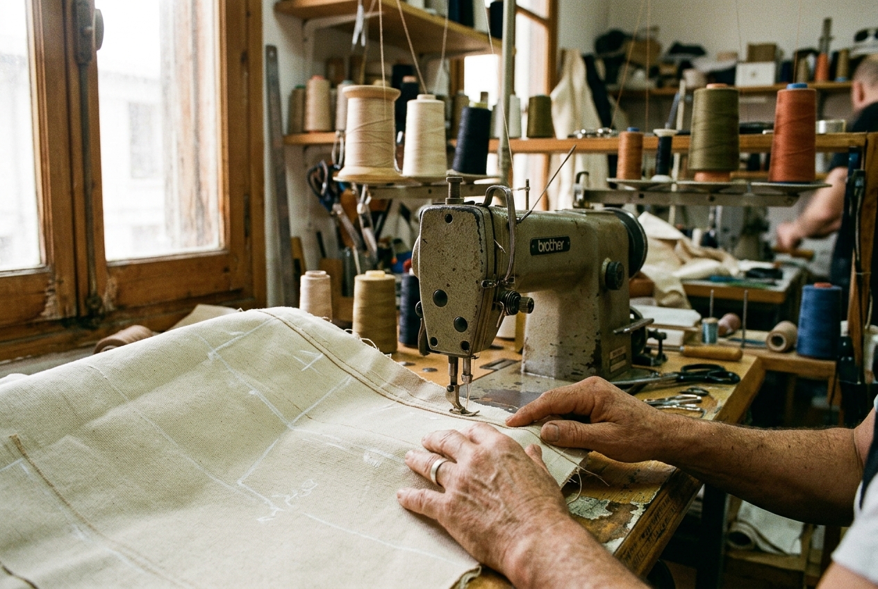 Heavy cotton under the needle in the NYYNE atelier