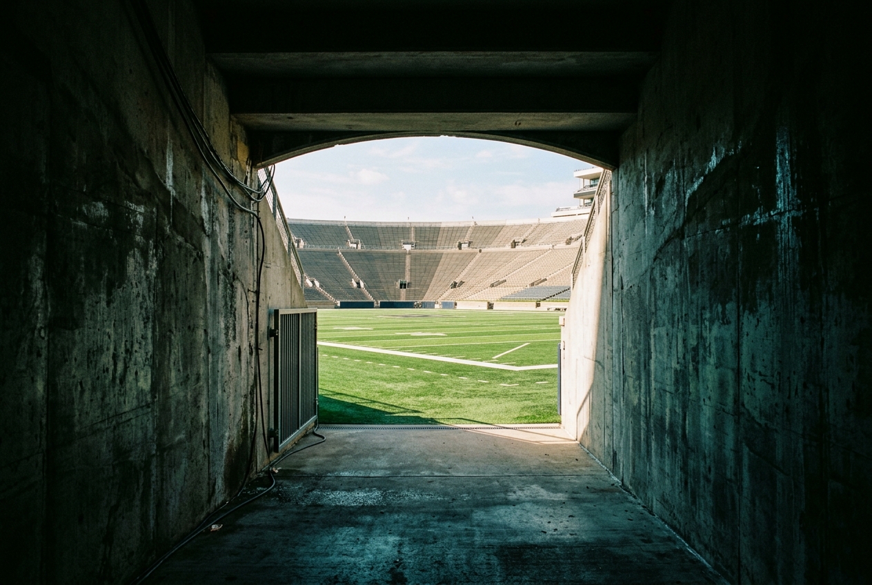 The view from a stadium tunnel out onto the field