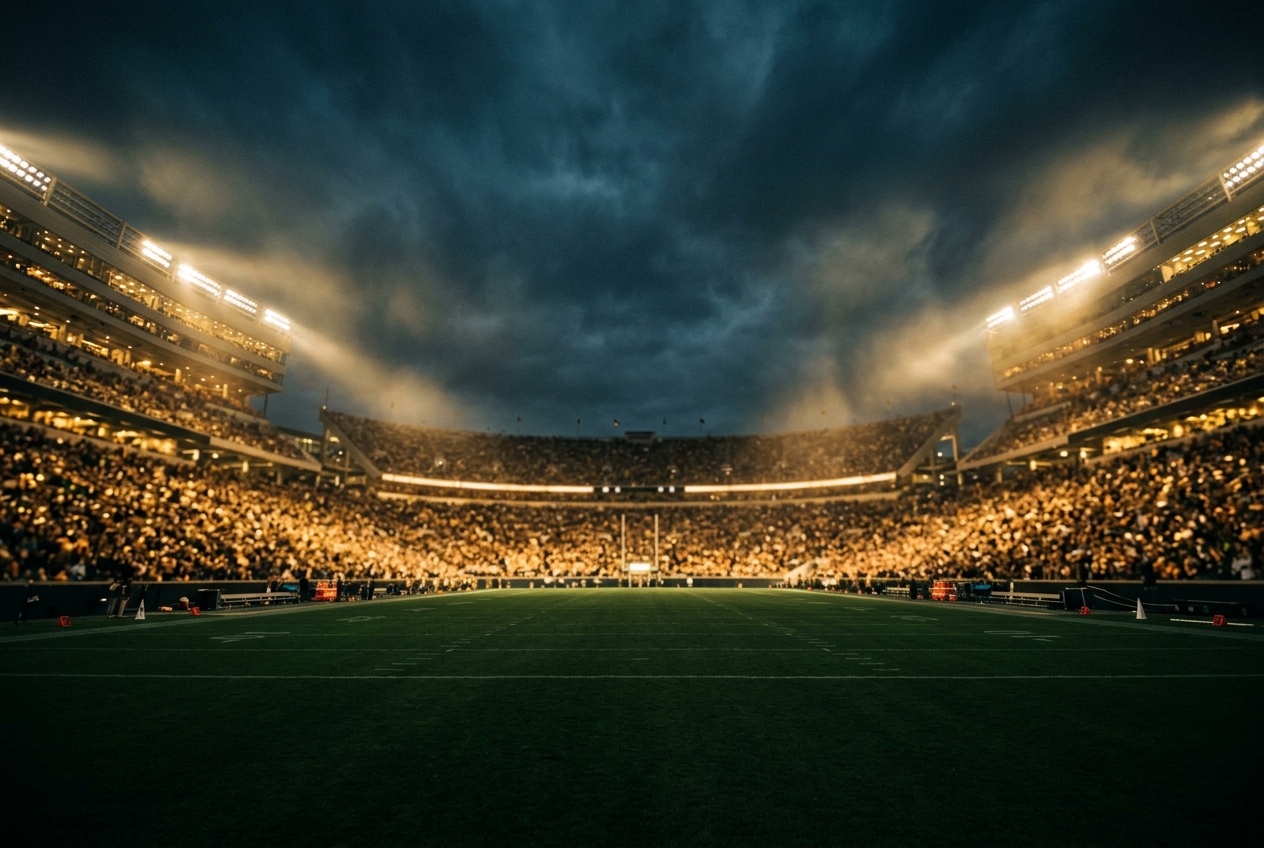A floodlit college football stadium at night