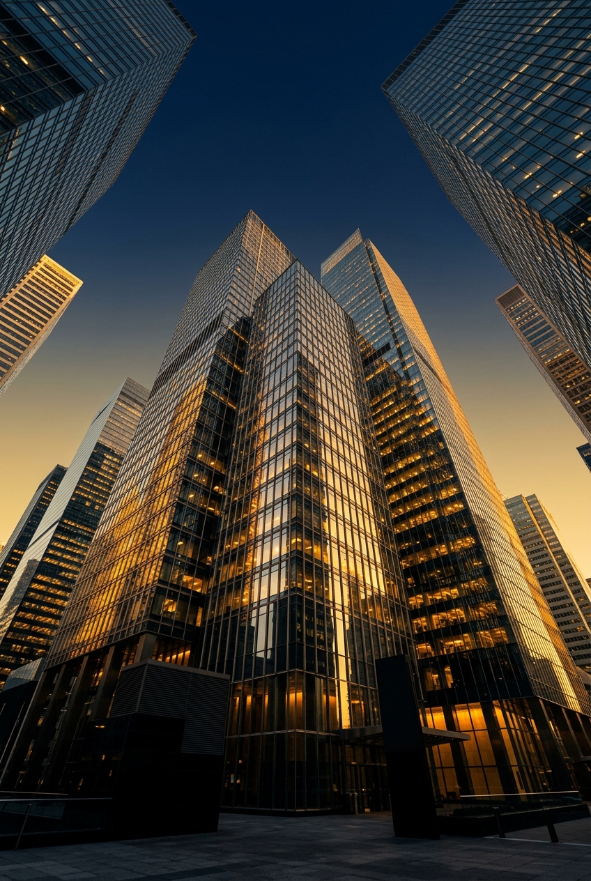 Modern corporate towers reaching upward in golden light — growth and ambition