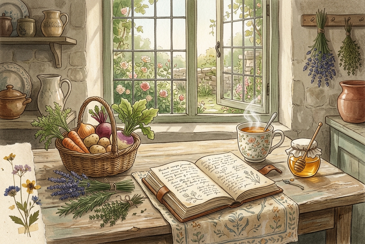 A cottage kitchen table with tea, herbs and a recipe journal