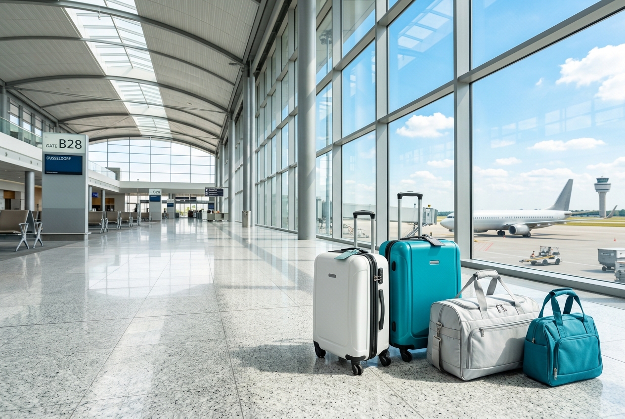 Cabin bags in a bright airport terminal on a sunny day