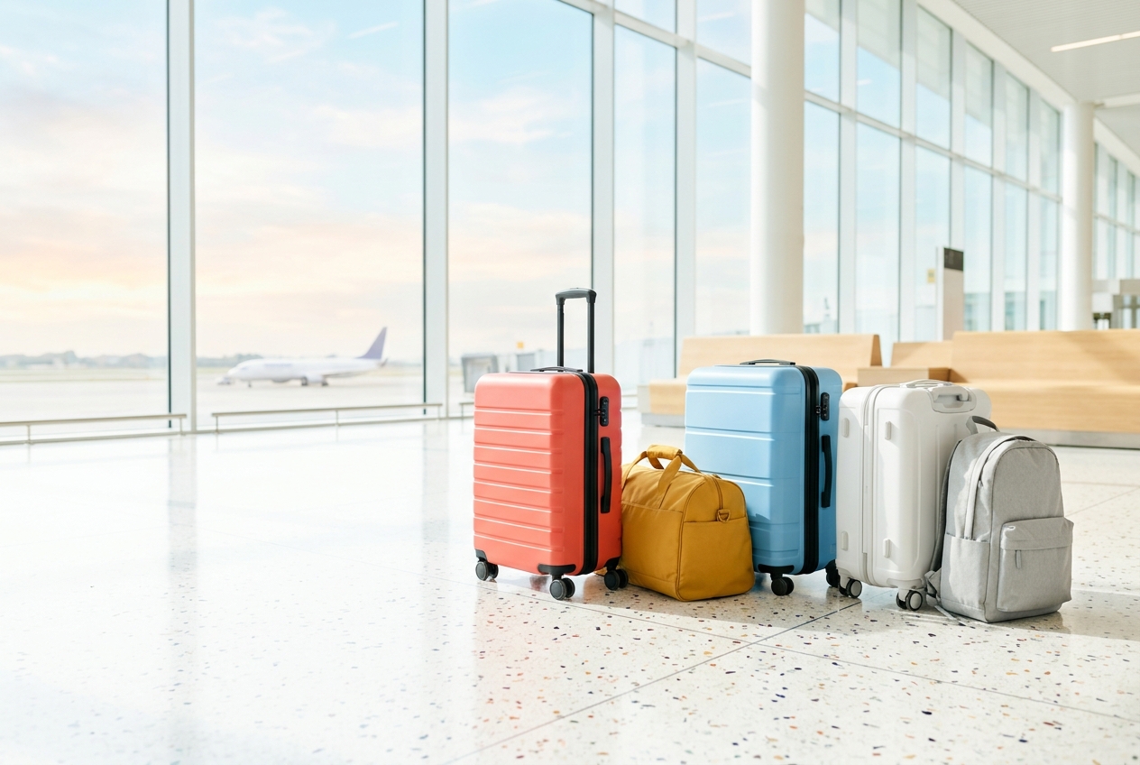Colourful travel bags lined up in a bright departure hall