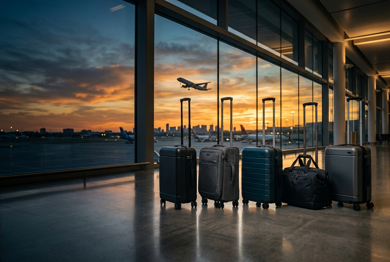 Row of cabin bags in an airport terminal at sunset
