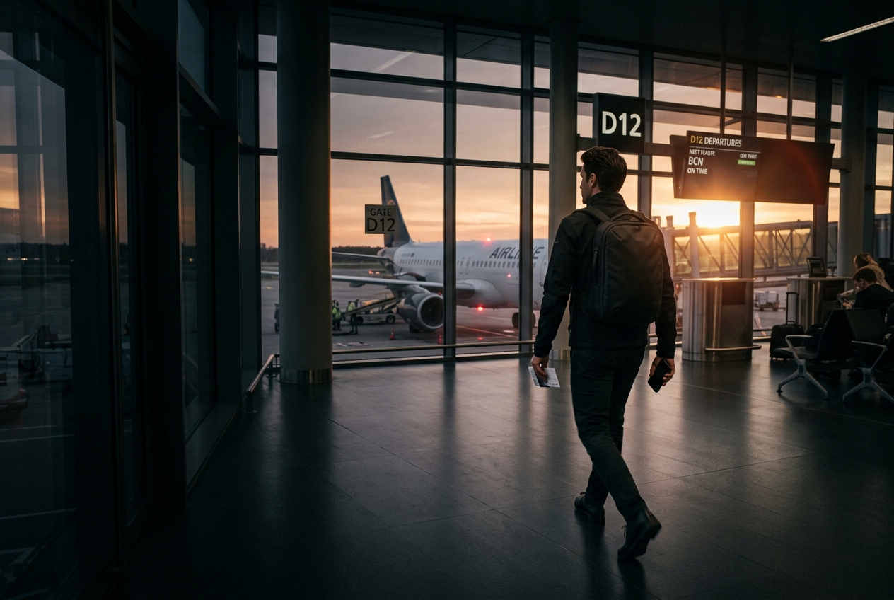 Traveller walking to the boarding gate with a cabin bag at dusk