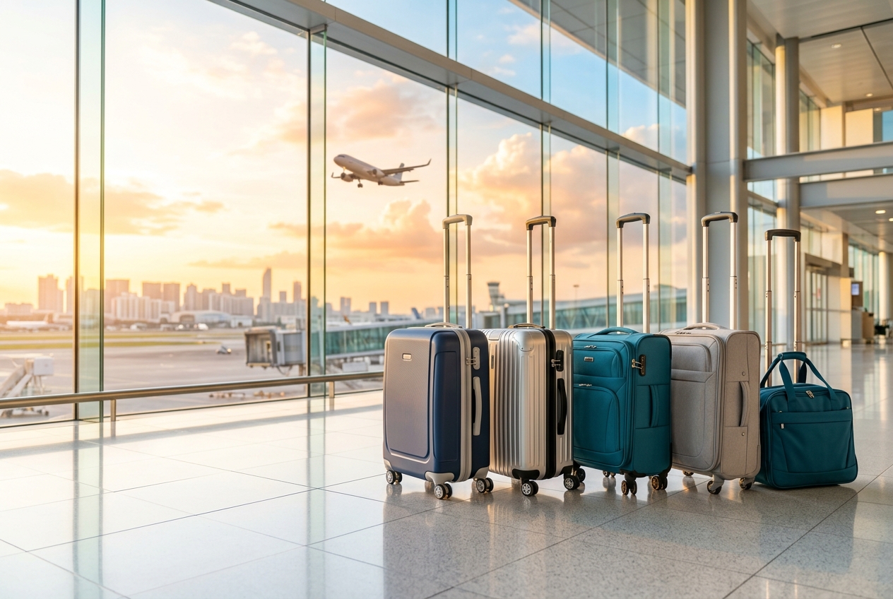 Row of cabin bags in a sunlit airport terminal at golden hour