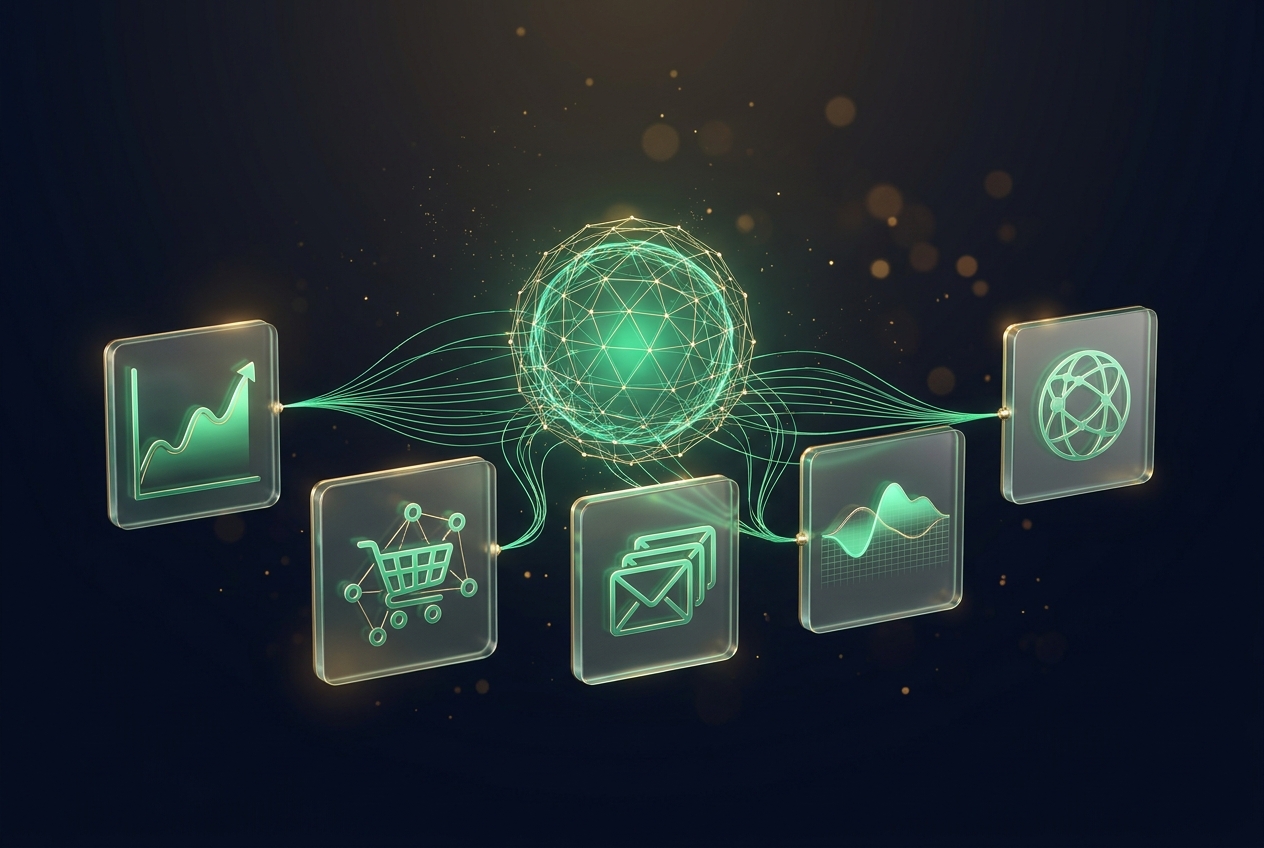 Dashboards of online businesses connected to a central AI core