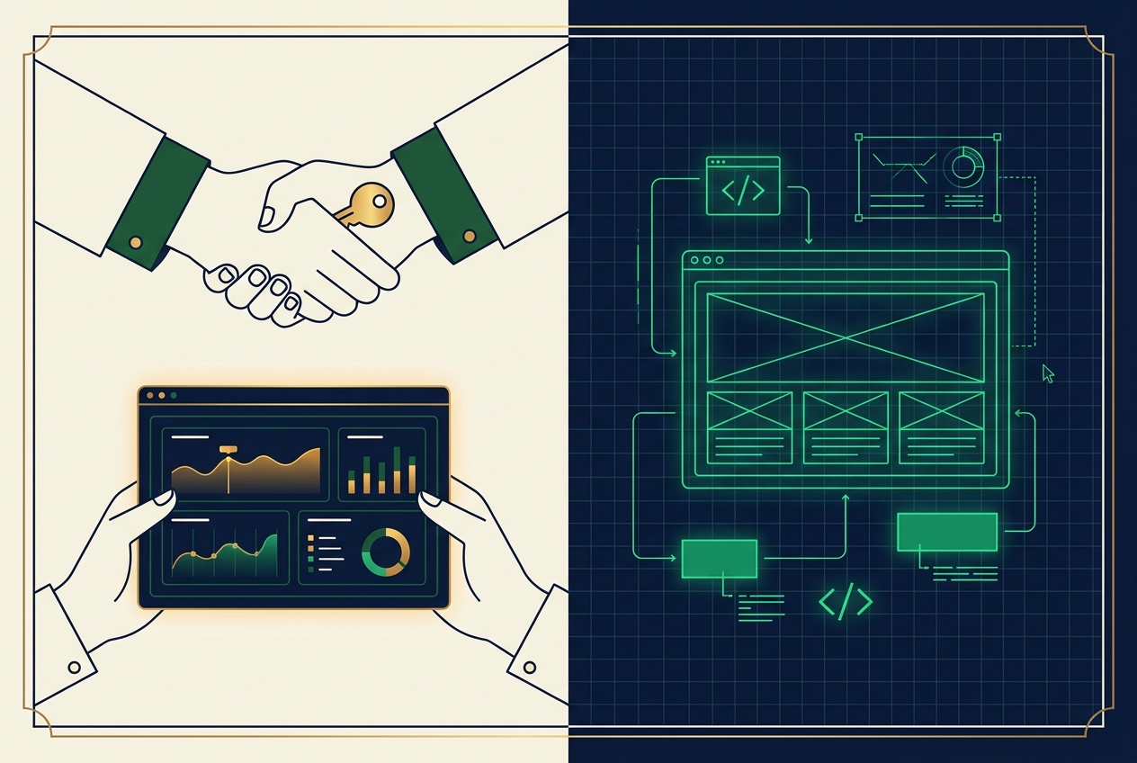 A live web app being handed over beside its wireframe blueprint