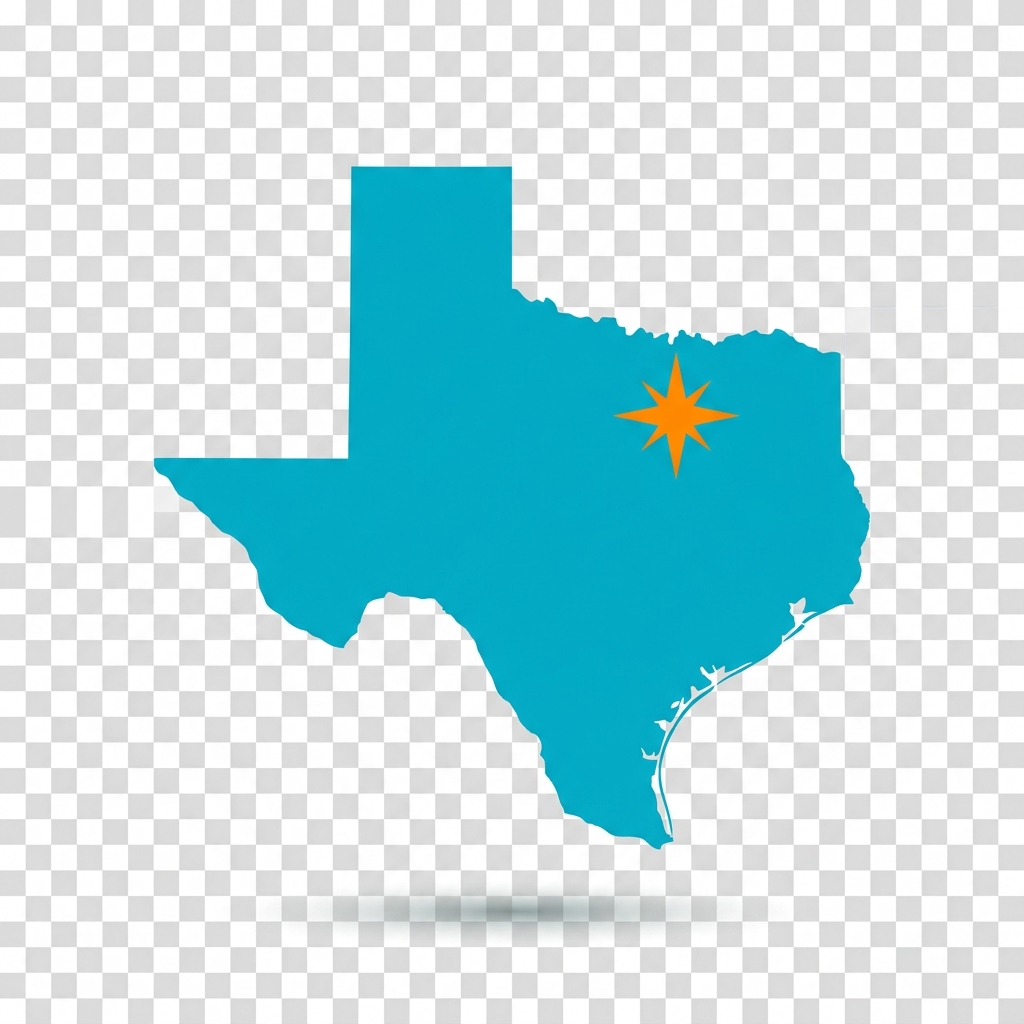 Map of Texas with a marker over the Dallas–Fort Worth service area
