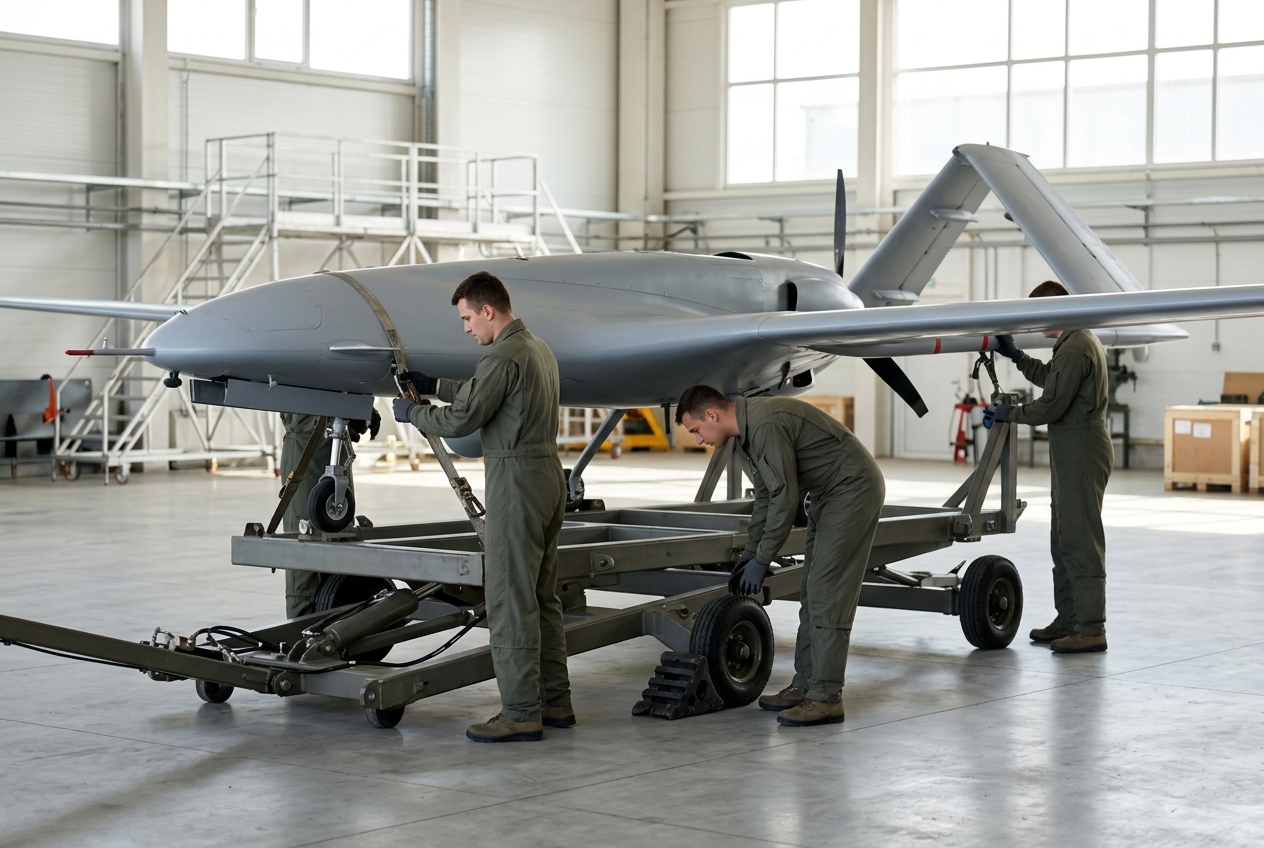 Military drone UAV prepared for road transport in India