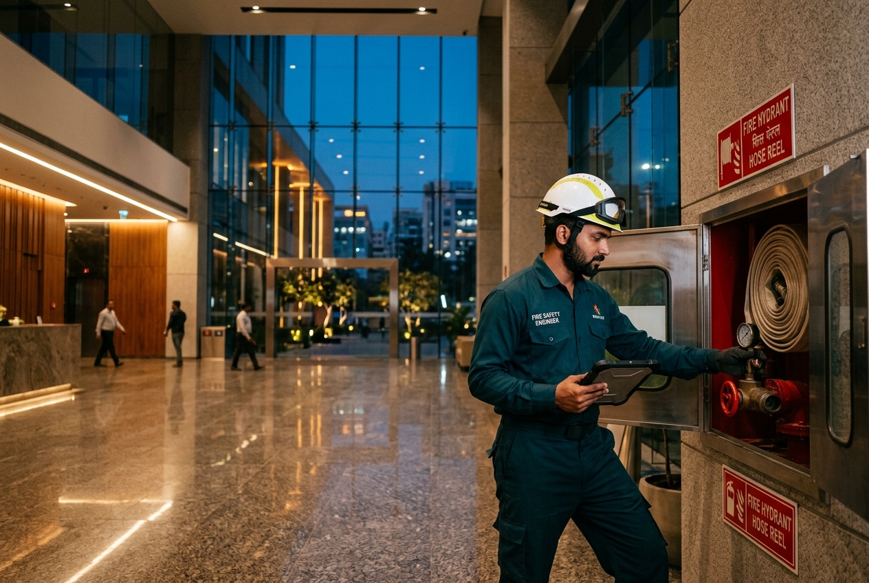 Vinsafe engineer inspecting fire safety equipment at an Indian public building