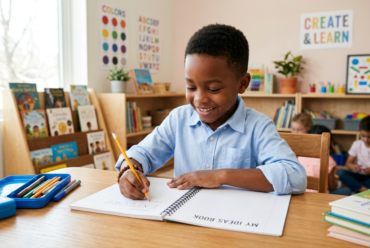 A happy Black boy writing in a notebook at his desk