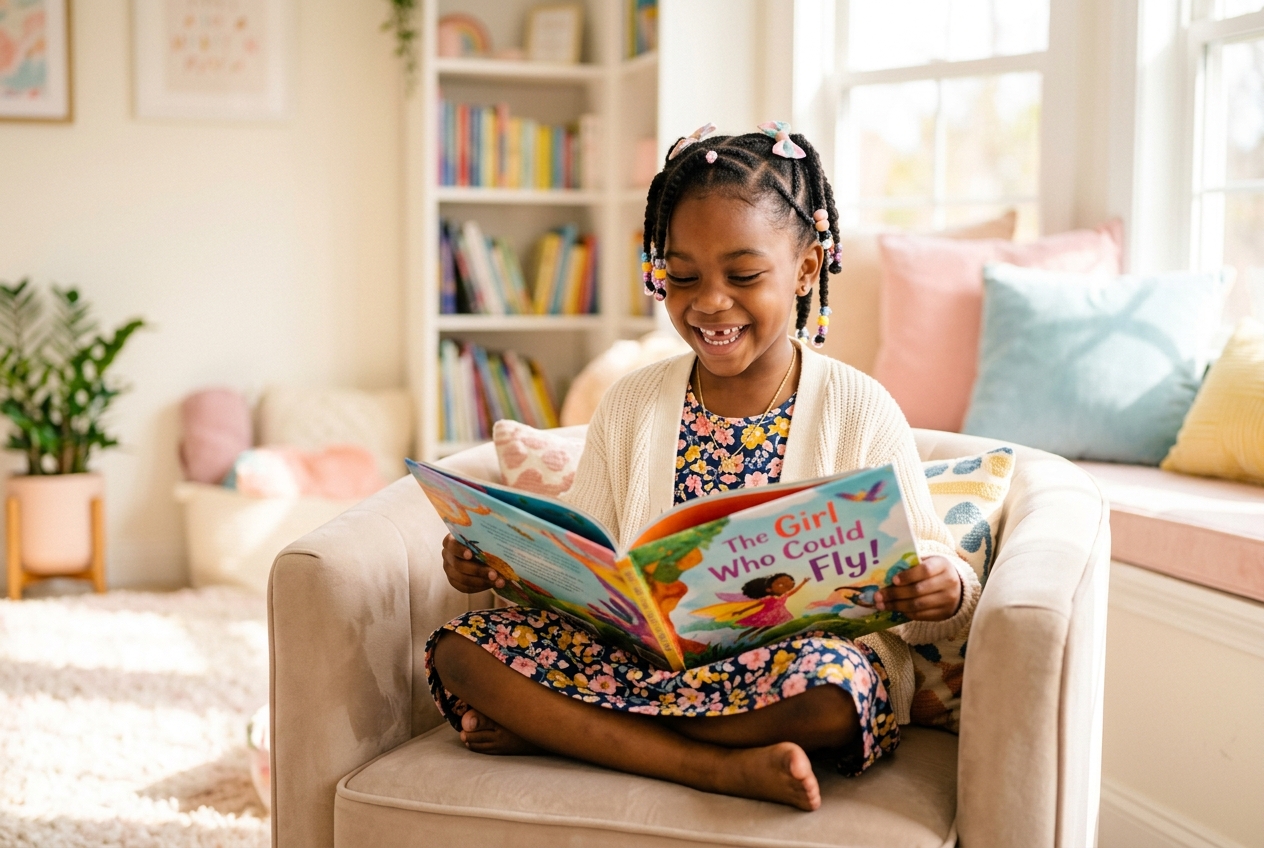 A happy Black girl reading a colorful picture book