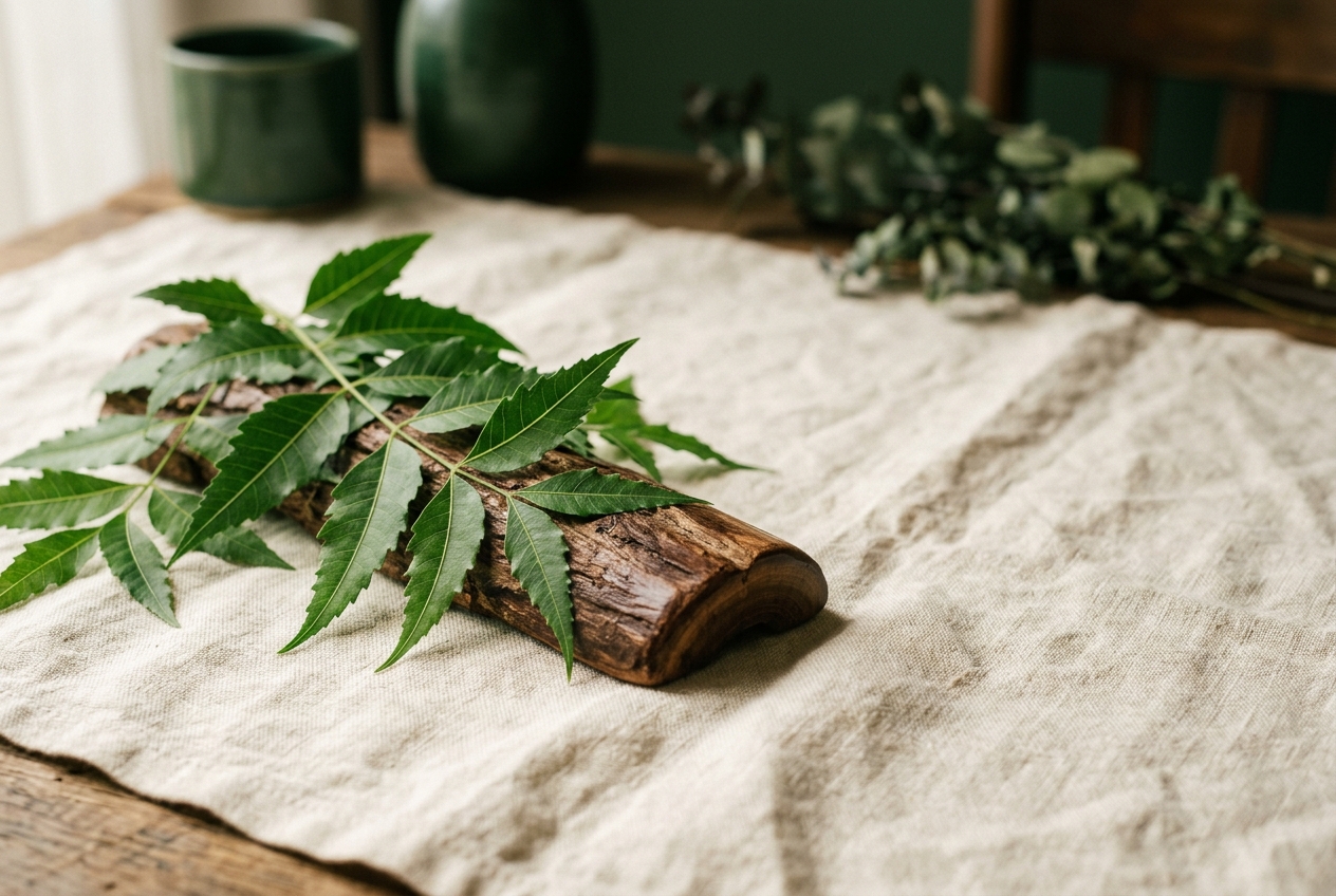 Fresh neem leaves and polished neem wood on ivory linen