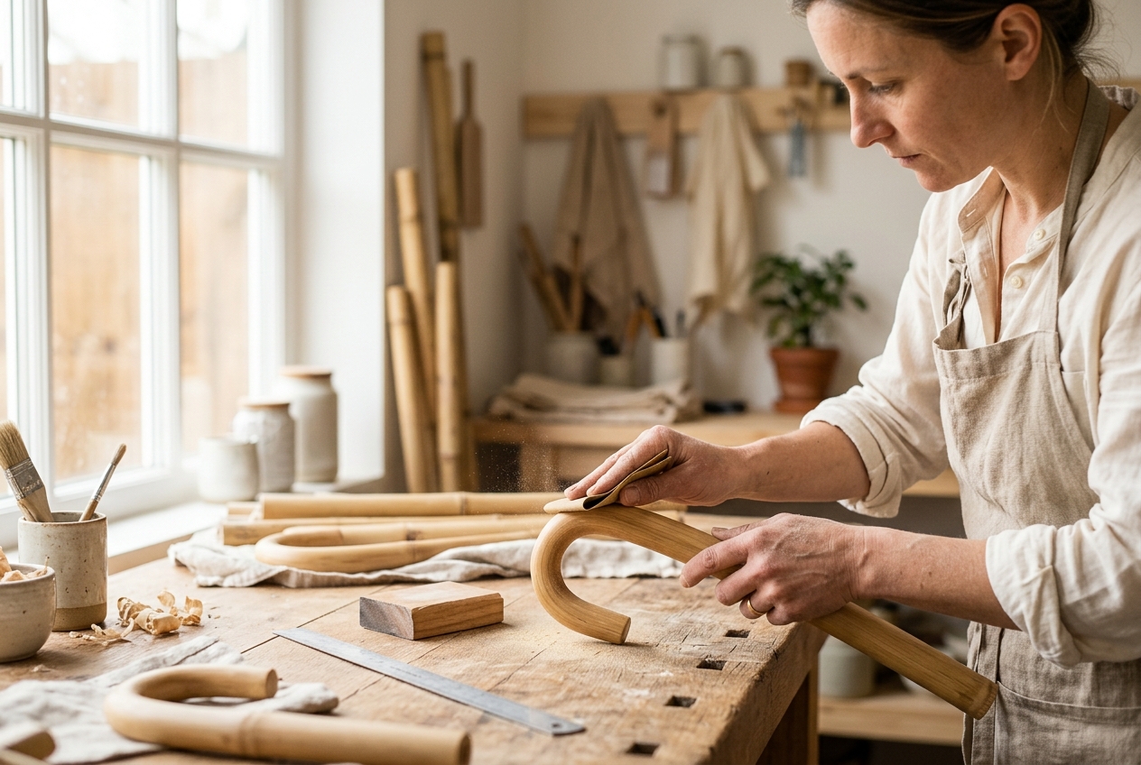 An artisan hand-finishing a smooth bamboo handle in a bright minimalist workshop
