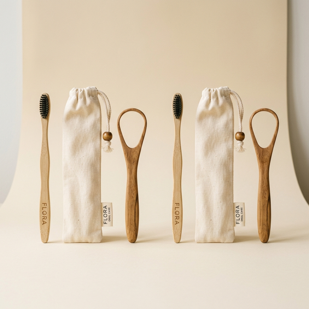 Two ZenNeem oral care kits with bamboo toothbrushes, neem wood tongue cleaners and travel pouches