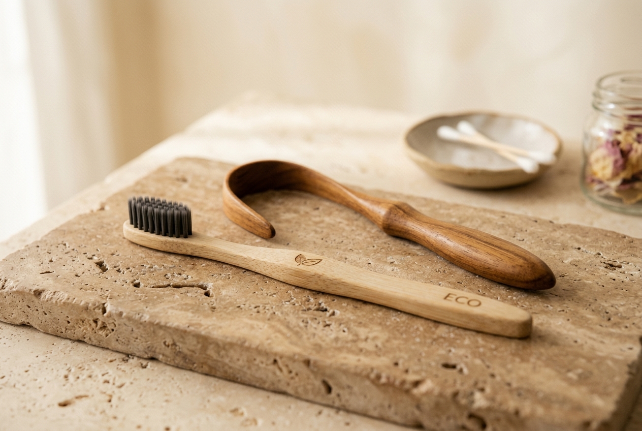 ZenNeem bamboo toothbrush and neem wood tongue cleaner on a natural stone surface in soft daylight