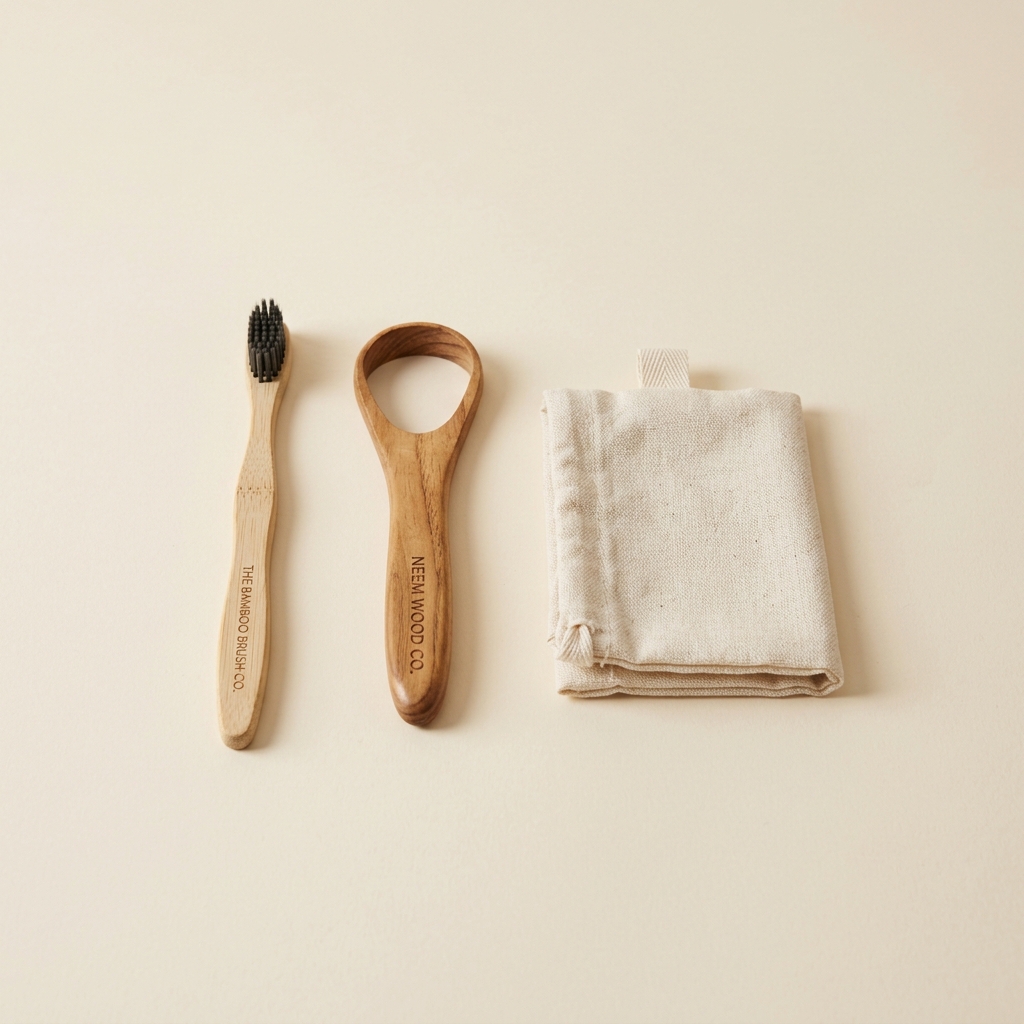 ZenNeem oral care kit with bamboo toothbrush, neem wood tongue cleaner and cotton travel pouch