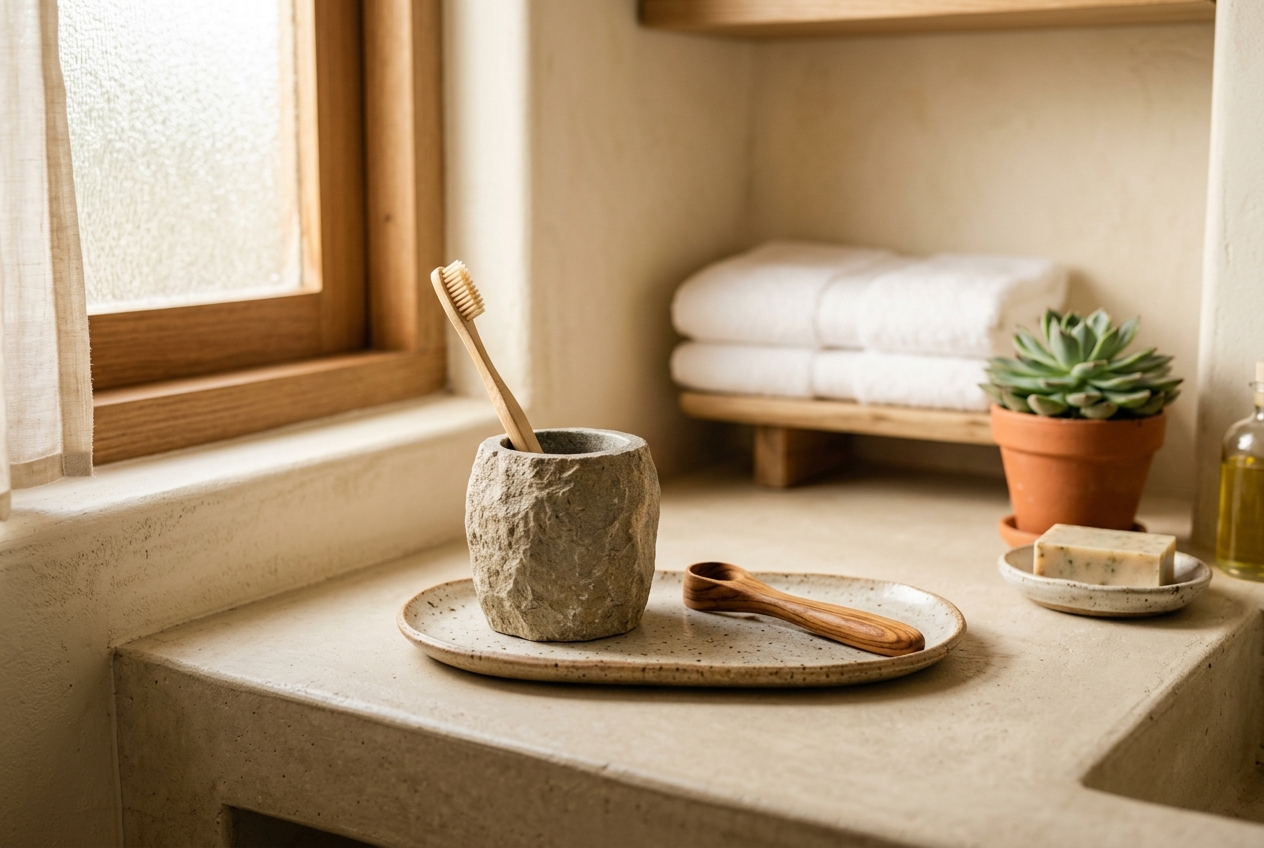 Bamboo toothbrush in a stone cup on a calm bathroom counter in morning light