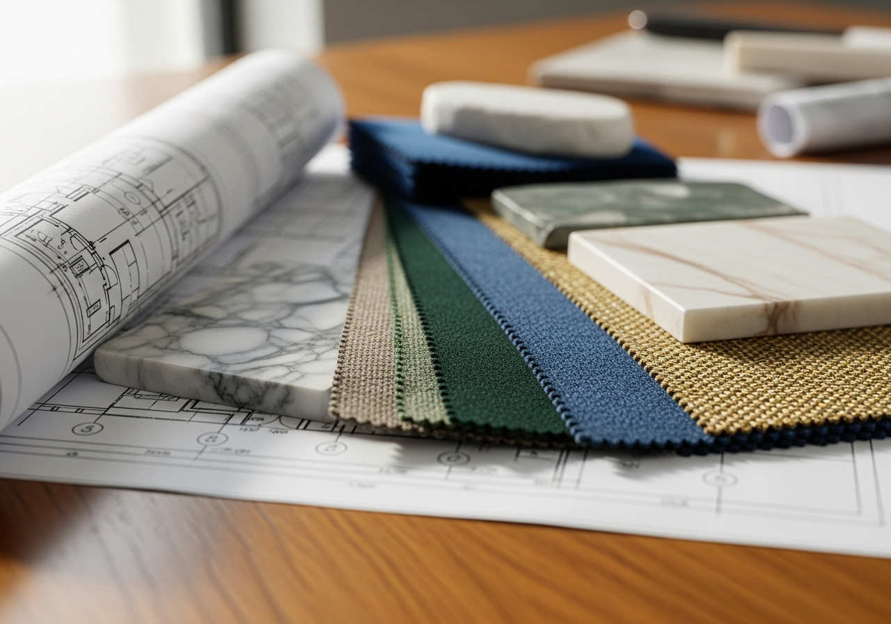 ASC Interior studio — blueprints, fabric swatches, stone samples