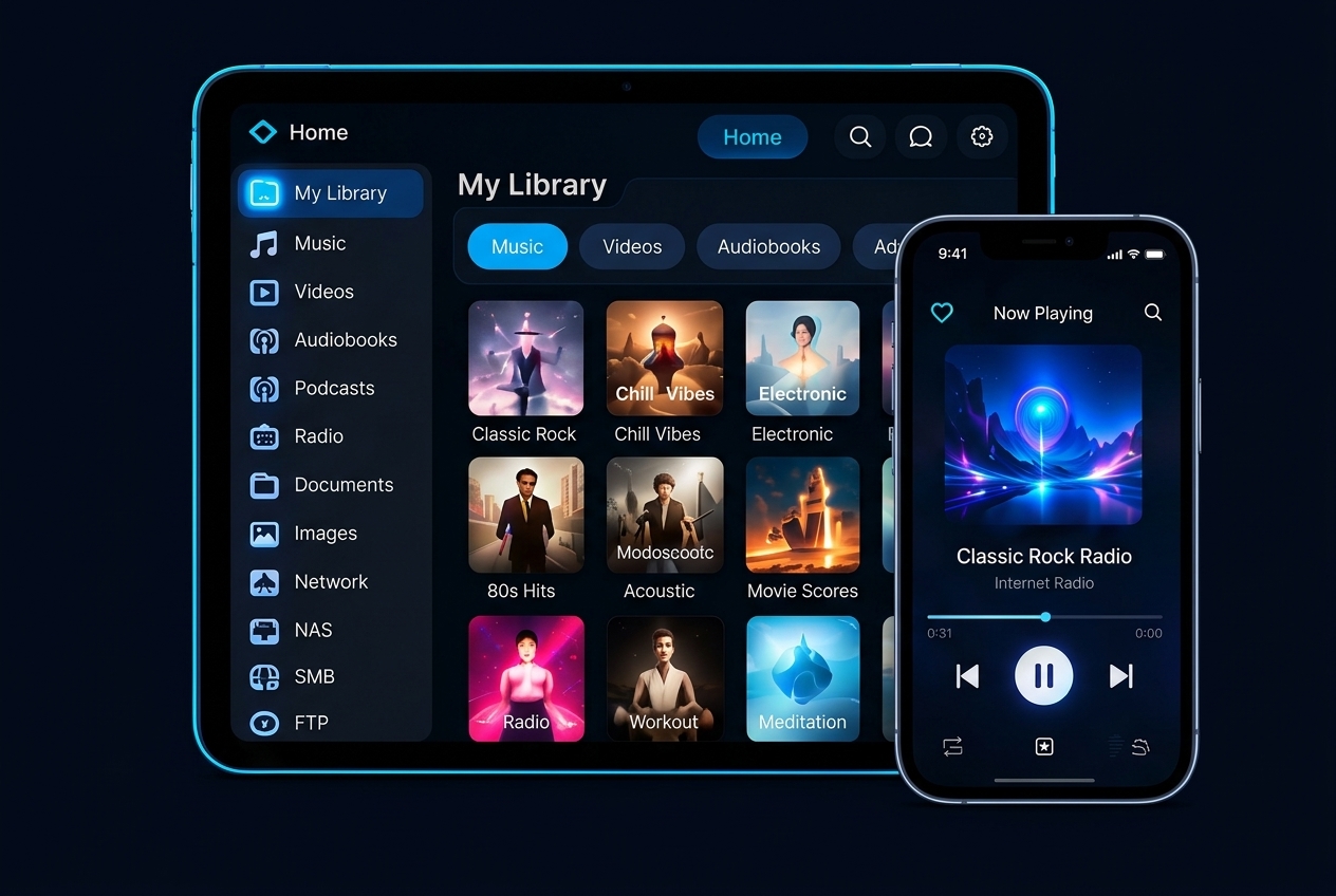 Explordio media library on tablet and phone