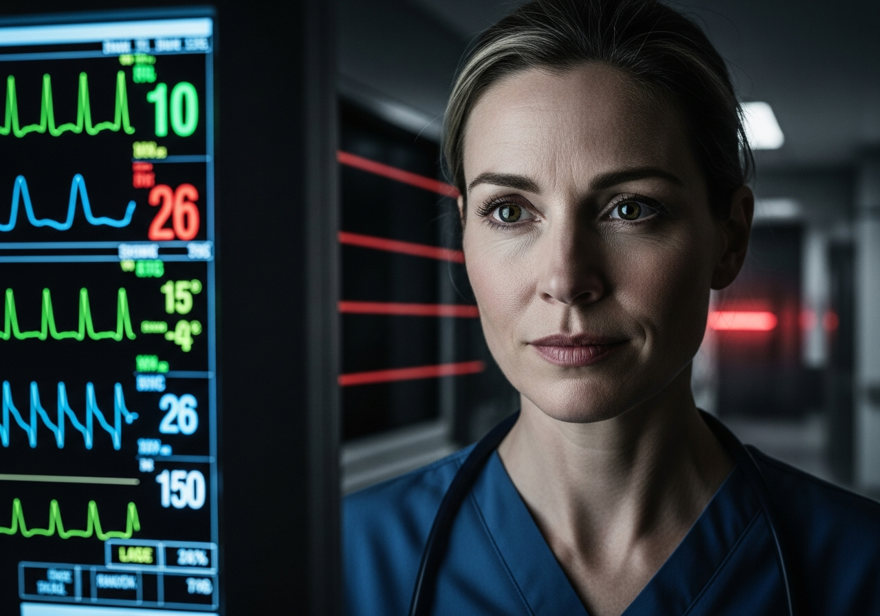ER nurse at a glowing medical monitor