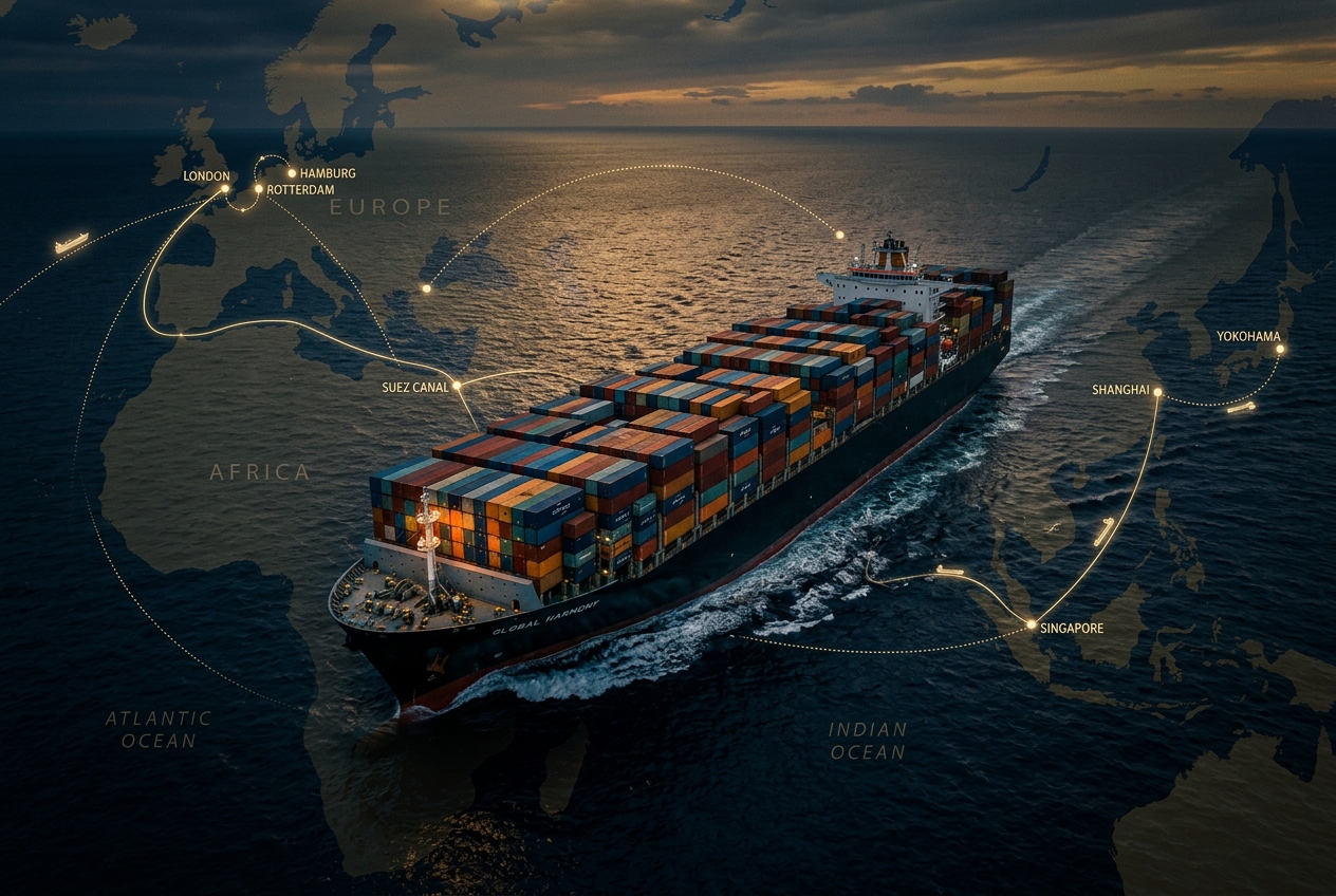 Ocean freight container vessel on international trade routes