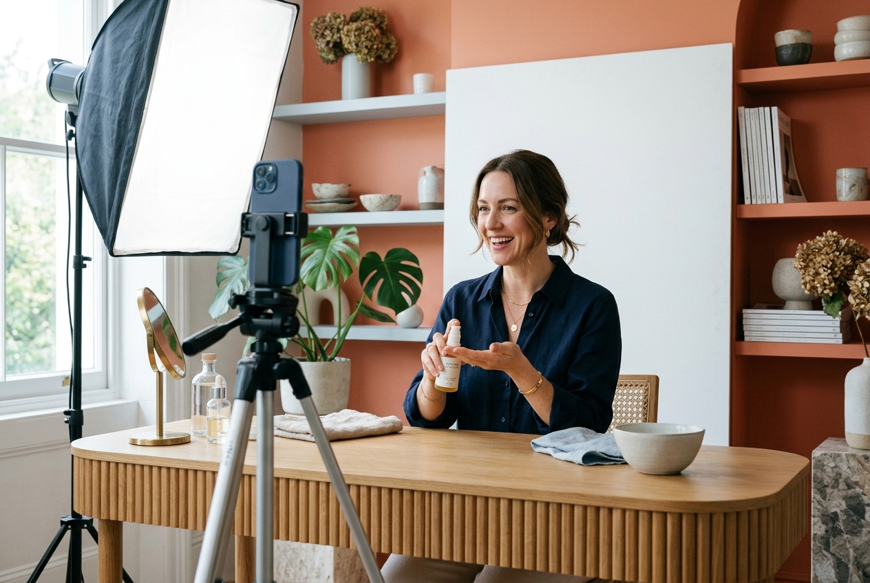 Beauty creator producing campaign content in a studio