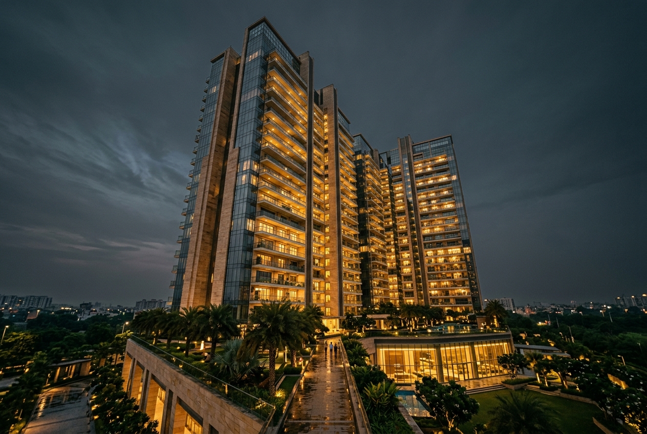 Premium residential towers along the NH-24 corridor at dusk