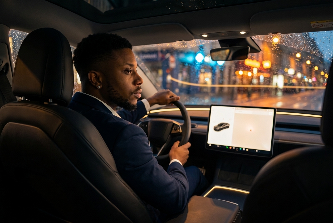 Ryan au volant de sa Tesla Model 3 Highland, volant à gauche, lumière dorée